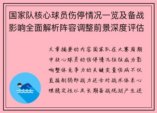 国家队核心球员伤停情况一览及备战影响全面解析阵容调整前景深度评估