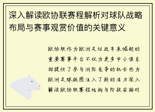 深入解读欧协联赛程解析对球队战略布局与赛事观赏价值的关键意义